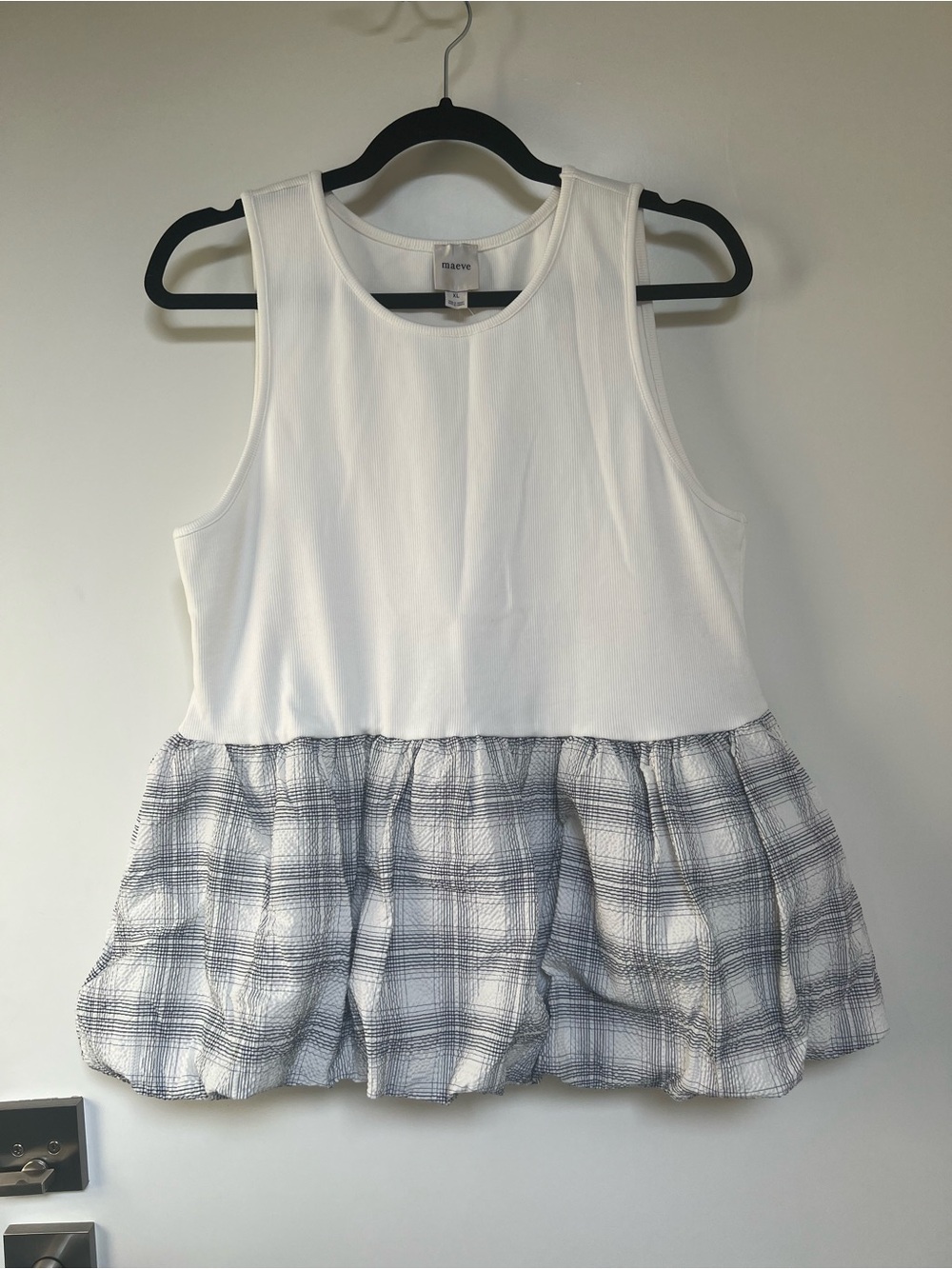 Maeve White Tank Top with Blue Plaid Peplum